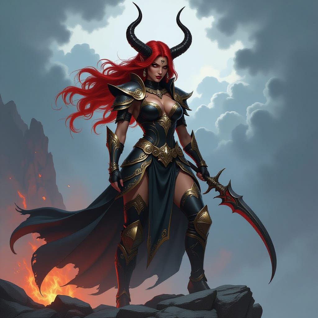 Tiefling Warrior on Cliff in Dark Fantasy Style