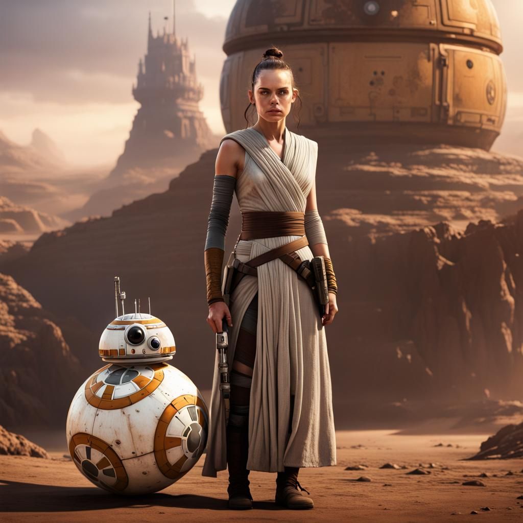 Rey Skywalker and BB-8 Portrait in Detailed Matte Style