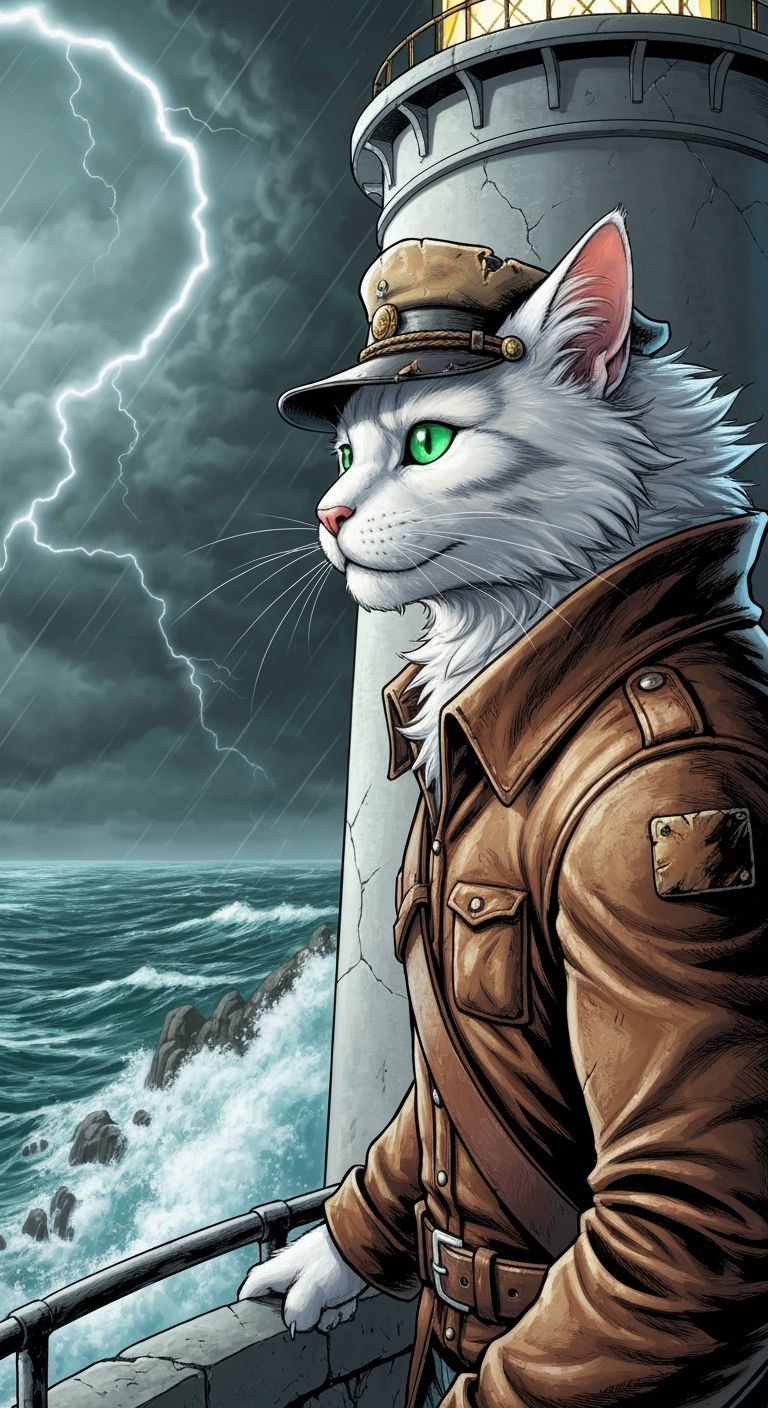 Anthropomorphic Cat Lighthouse Keeper, Comic Book Art