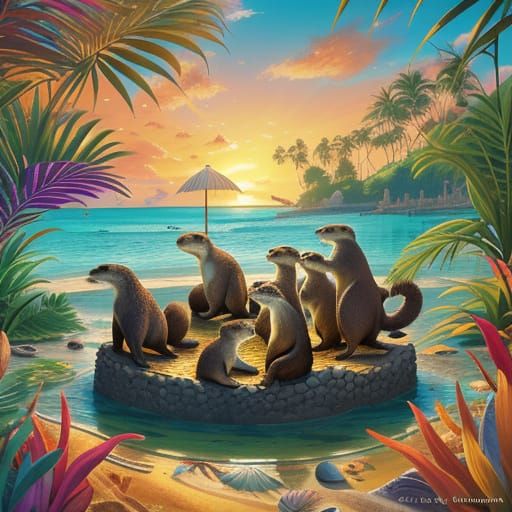 Whimsical Otter Family Playing in Lagoon