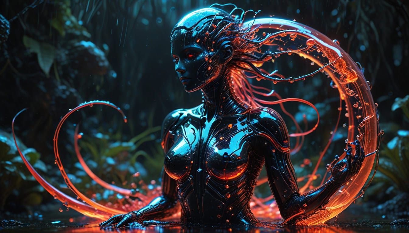 Cybernetic Goddess Embodied in Shimmering 4D Realm