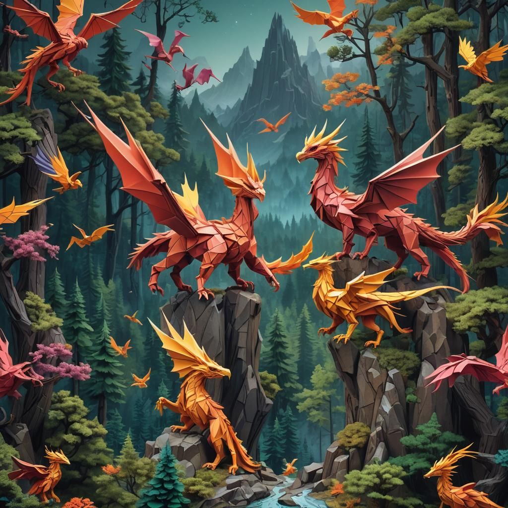 Luminous Origami Dragon, Griffin, and Phoenix