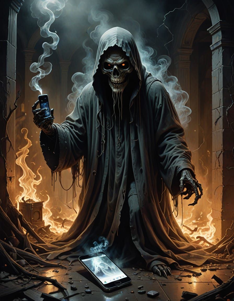 Surreal Sinister Ghost Emerging from a Smartphone Screen