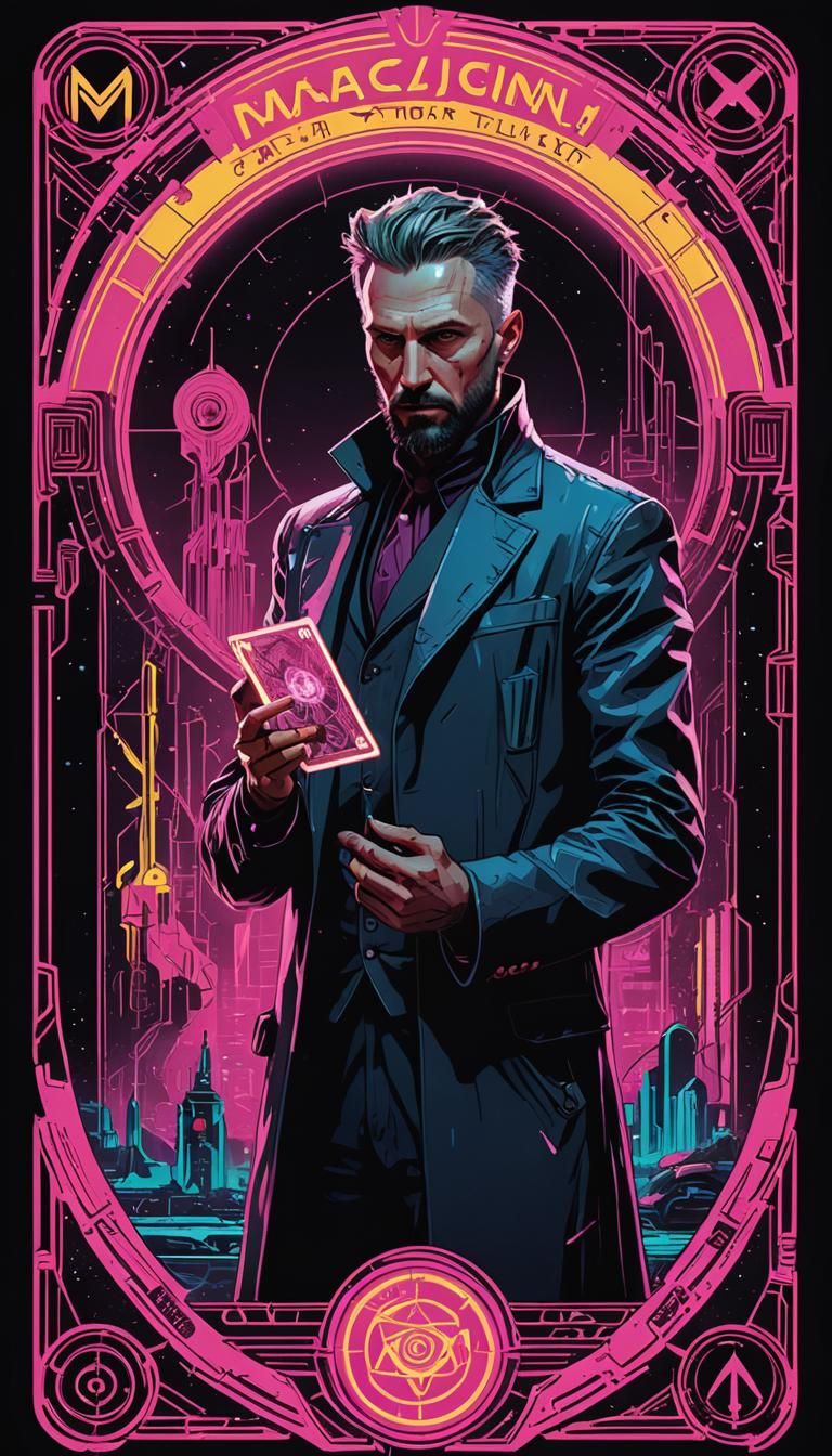Magician Tarot Card in Cyberpunk Neon Style