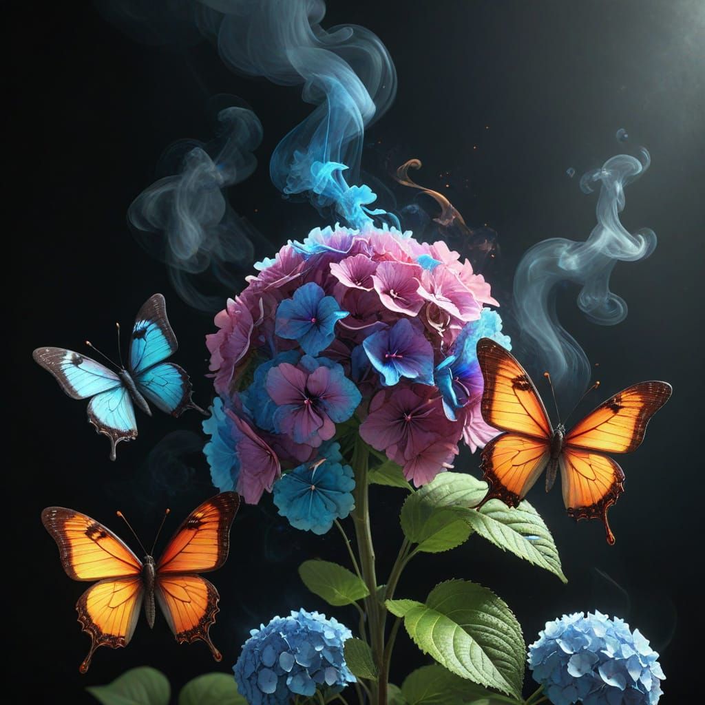 Rainbow Smoke Butterflies Dance on Hydrangeas