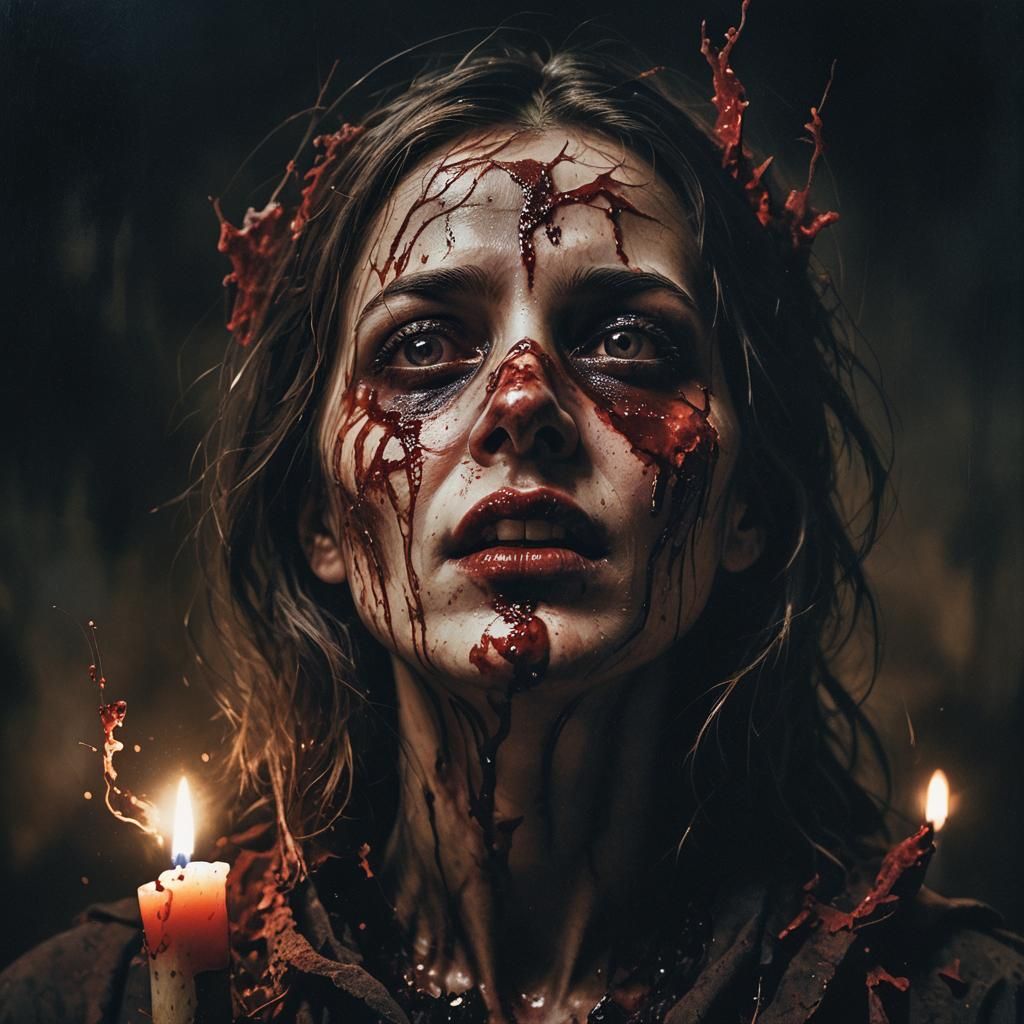 Eerie Portrait: Woman in Dried Blood, Dark Surrealism