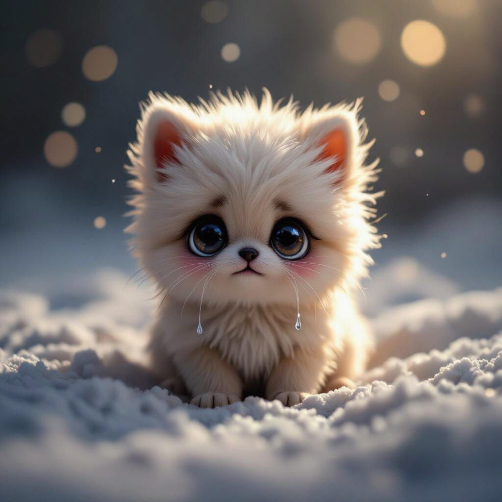 Hyperrealistic Fluffy Pet Crying in Moody Light