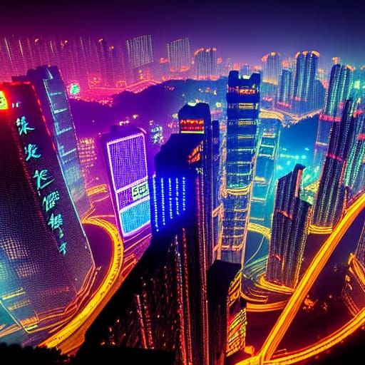 Cyberpunk Chongqing: Aerial View of Futuristic City