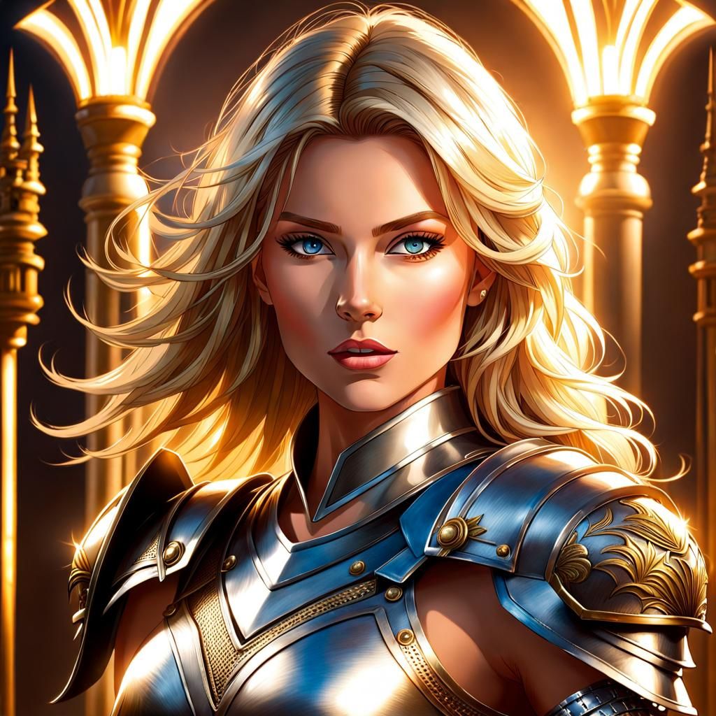 Armored Woman with Blonde Hair and Muscular Build