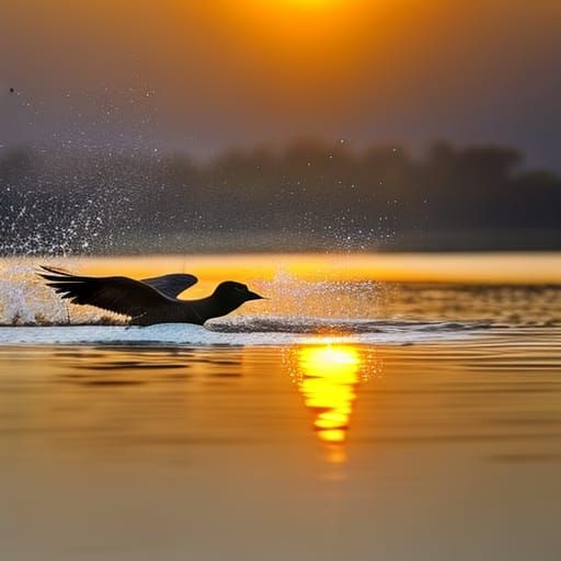 Goose Swimming in Lake at Sunrise: Golden Color Effects