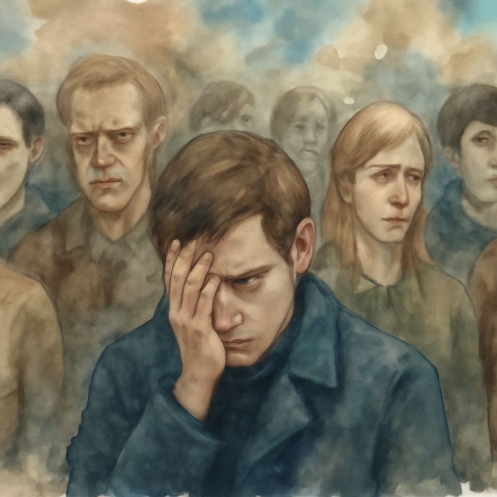 Watercolor Painting of Familiar Faces in a Somber Cityscape