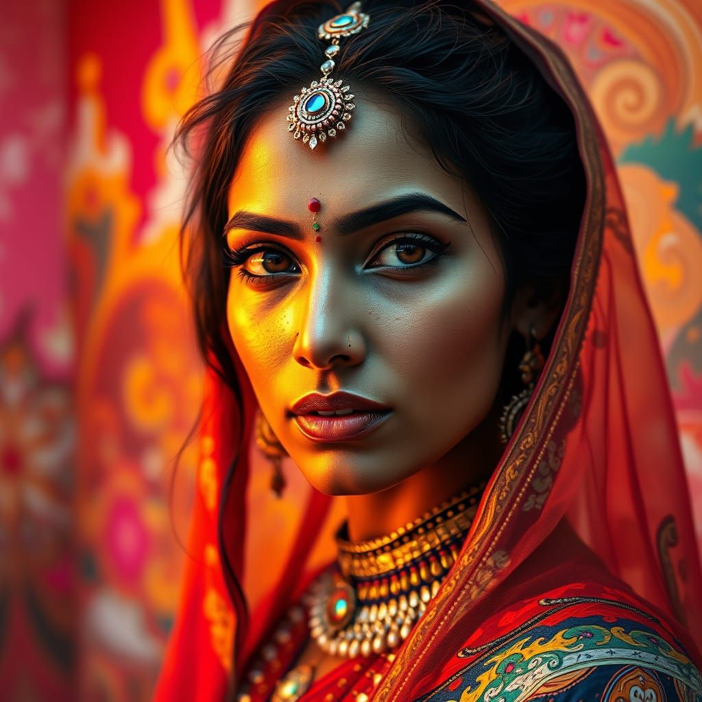 Hyperrealistic Indian Goddess in Vibrant Abstract Art