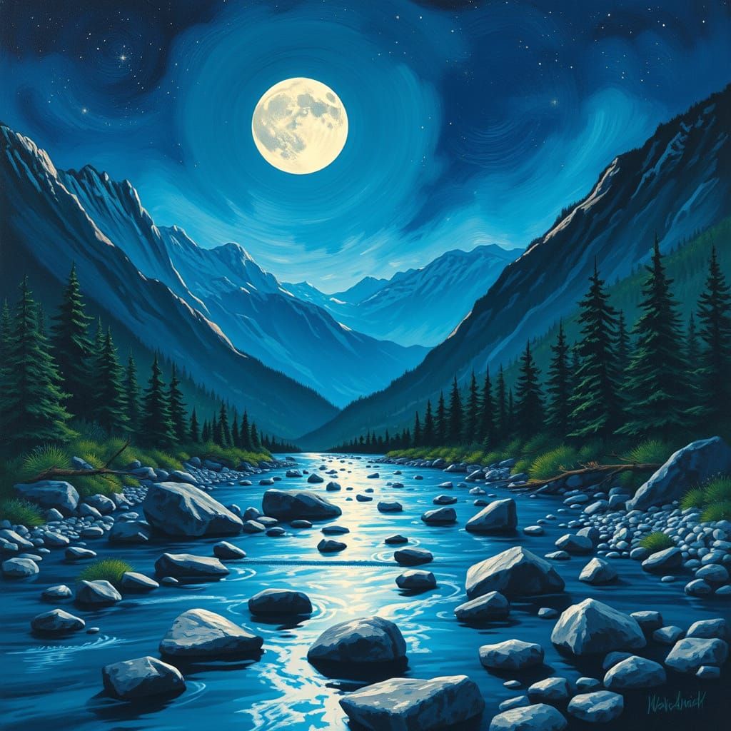Serene Mountain River Under a Starry Night Sky