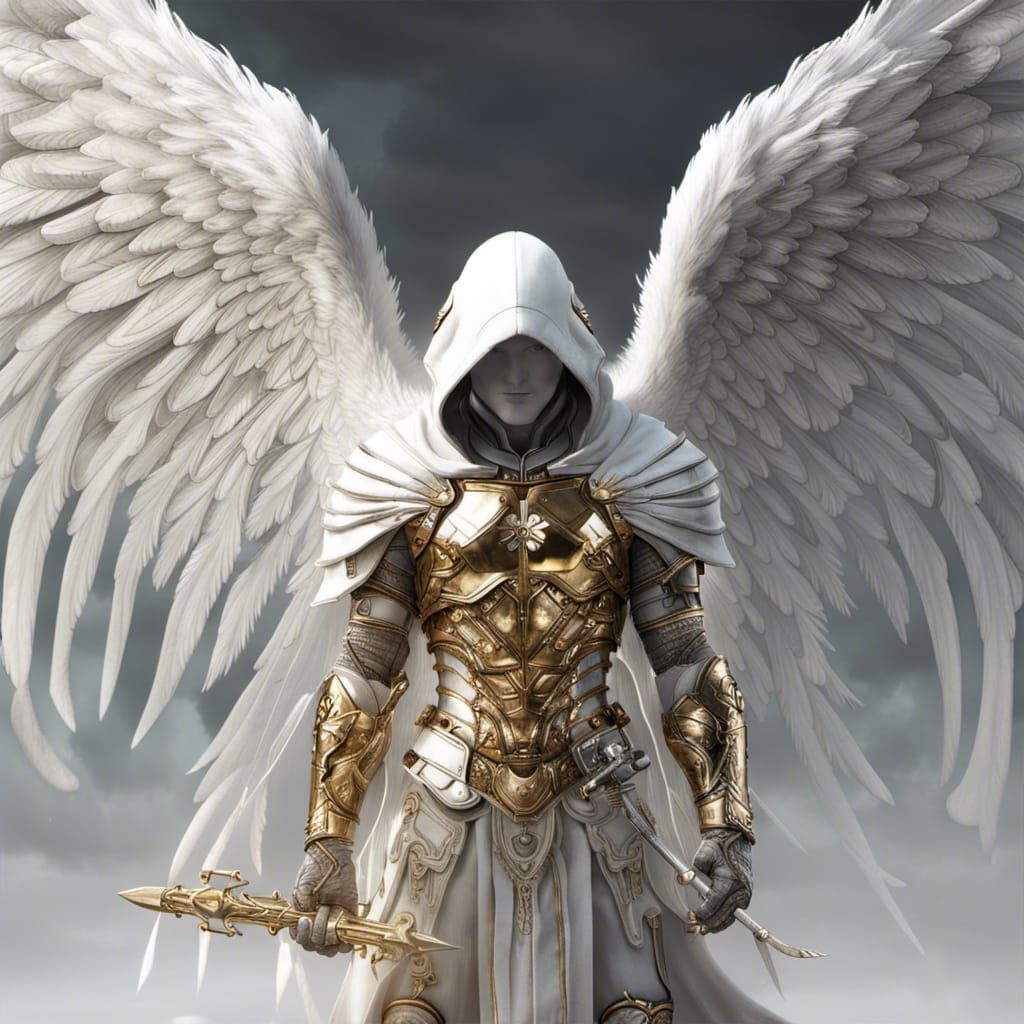 Incredibly white, blinding white, angel, man with white hood, with amazing wings, gold armor, angelic, wholesome, realit...