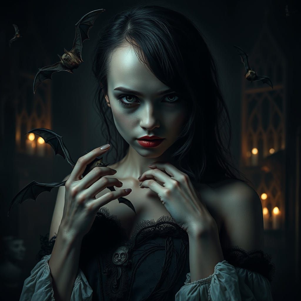 Mysterious Woman Surrounded by Bats in a Haunting Gothic Sce...