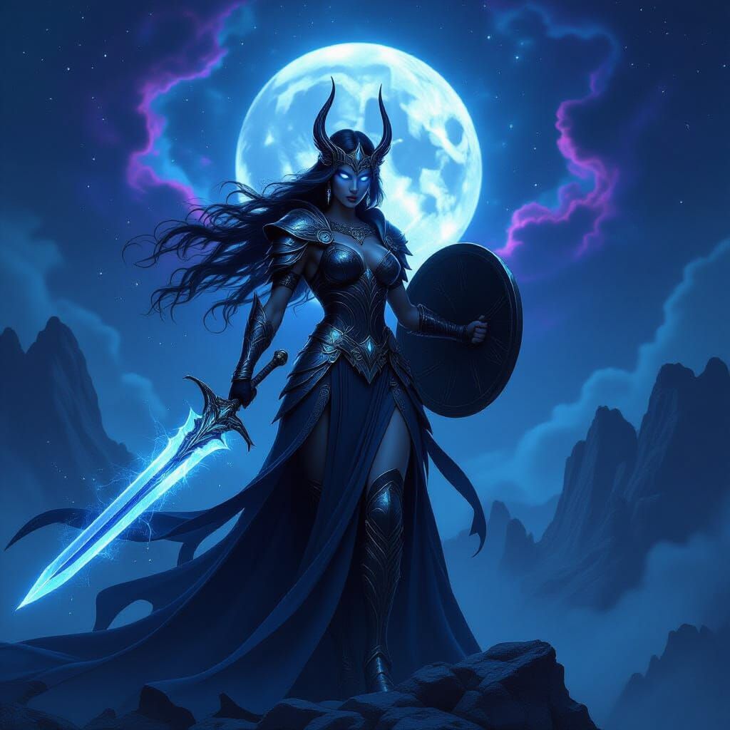 Nyx Triumphant Atop Mount Olympus in Dark Fantasy Style