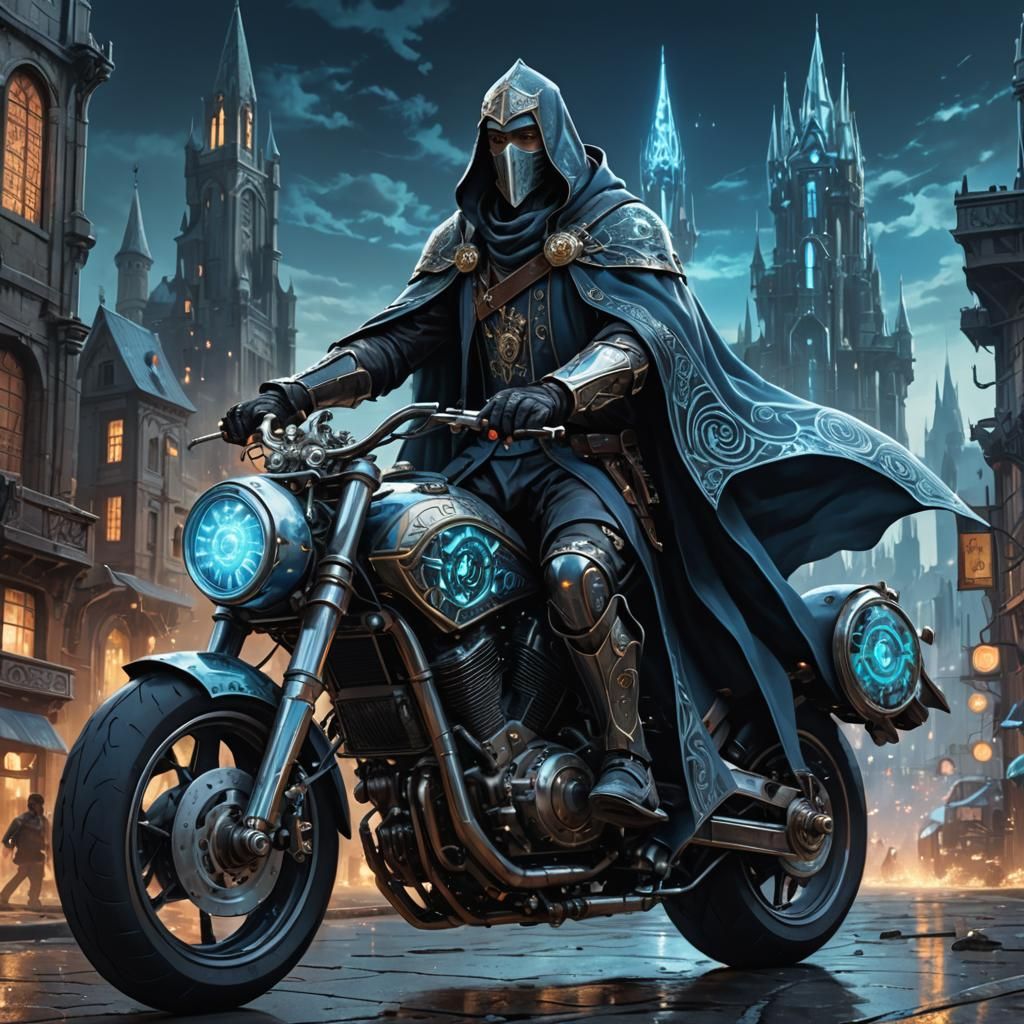 Wizard Rides a Futuristic Motorcycle in Dystopian Cityscape