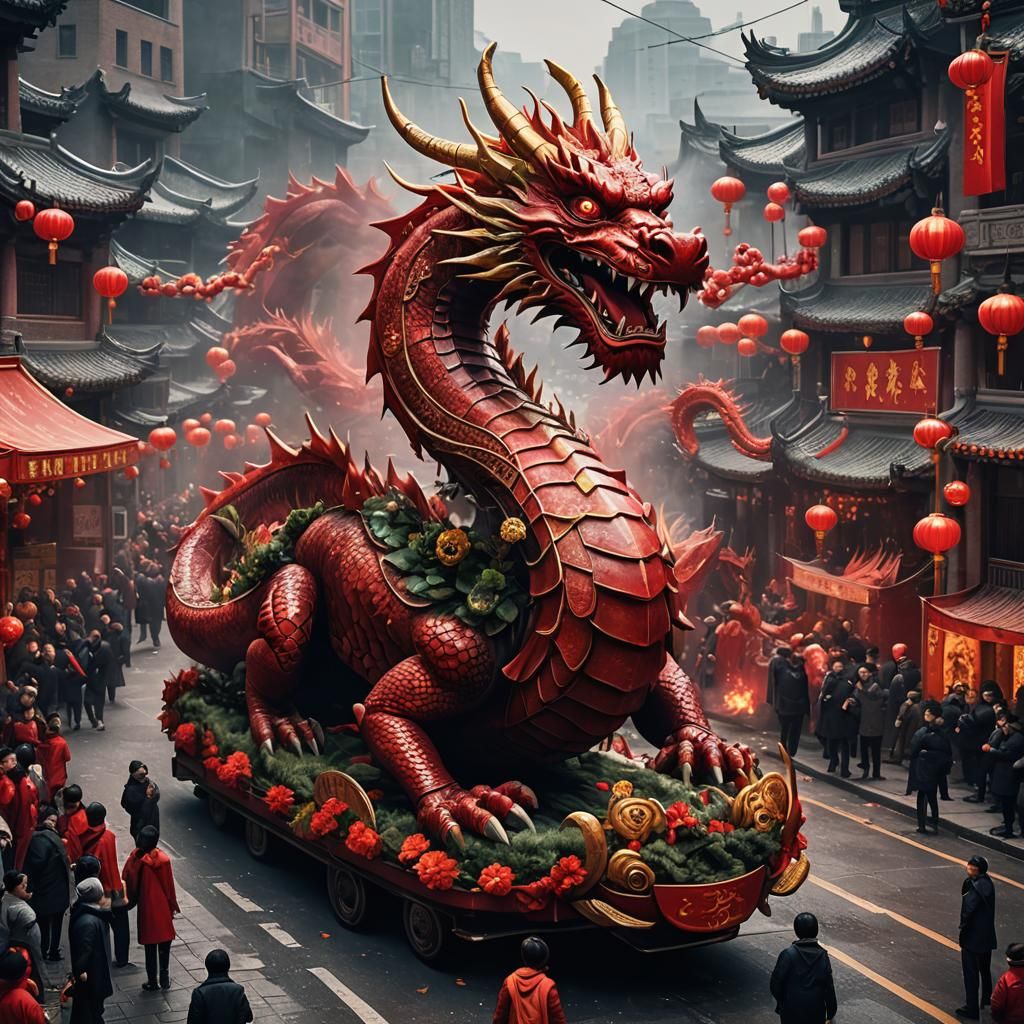 Festive Red Dragon Float in Peking, Detailed Matte Painting
