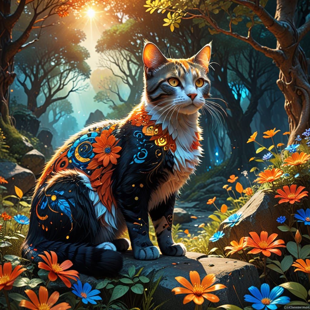 Enchanted Feline in a Vibrant Woodland Scene