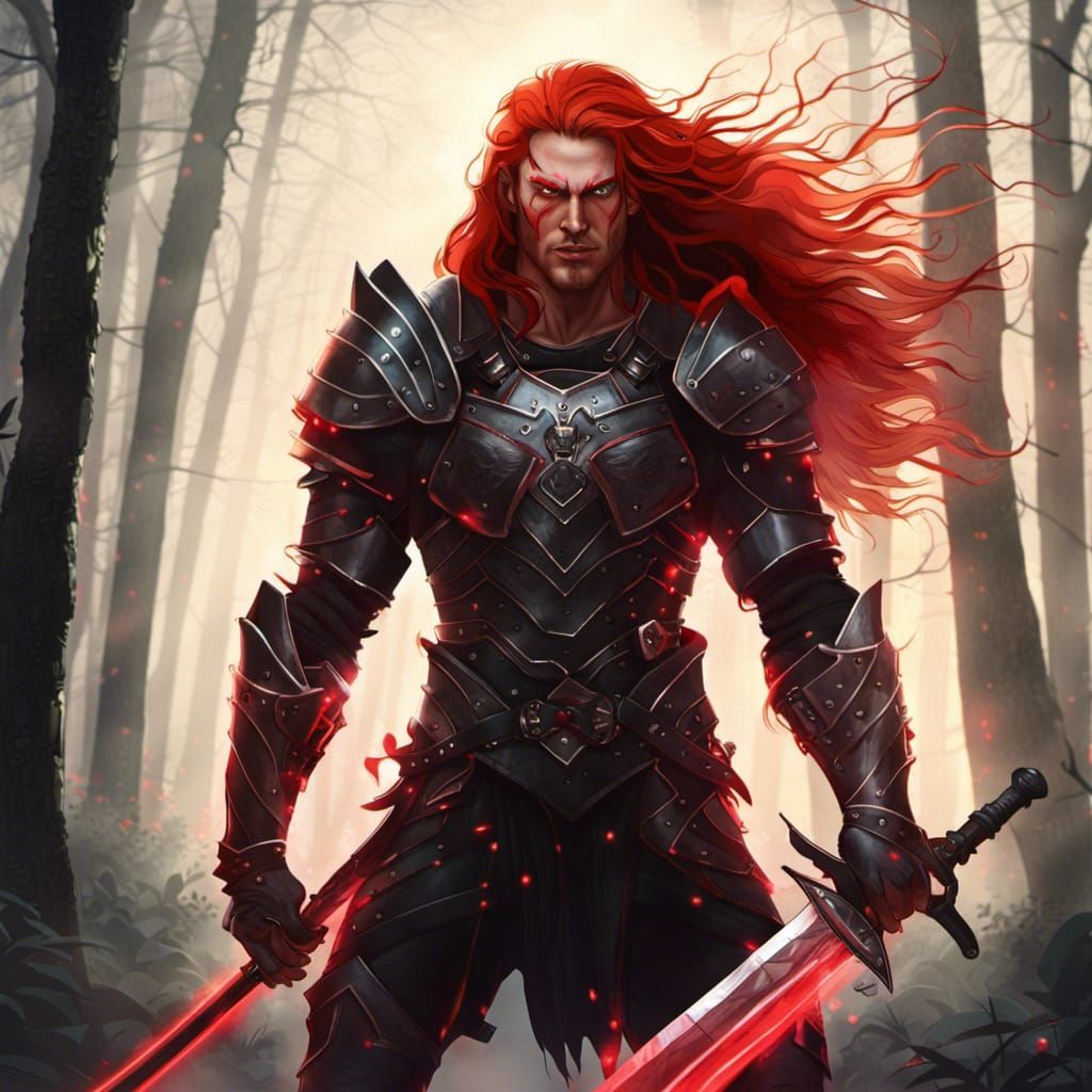 Red-Haired Warrior with Glowing Sword in Dark Forest