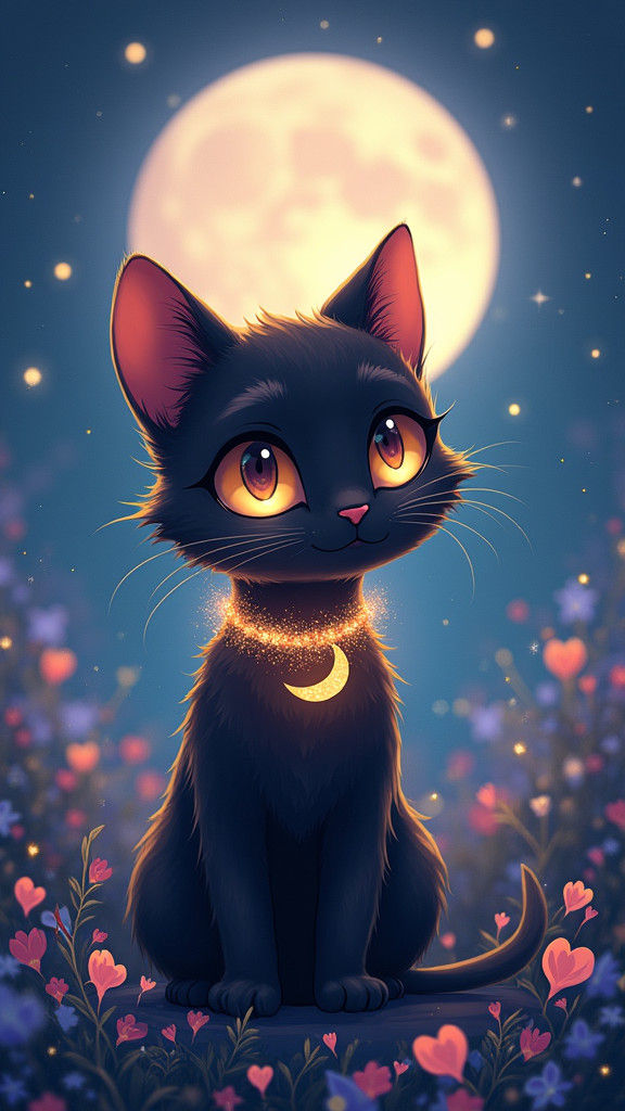 Magical Cat with Crescent Moon in Anime Style