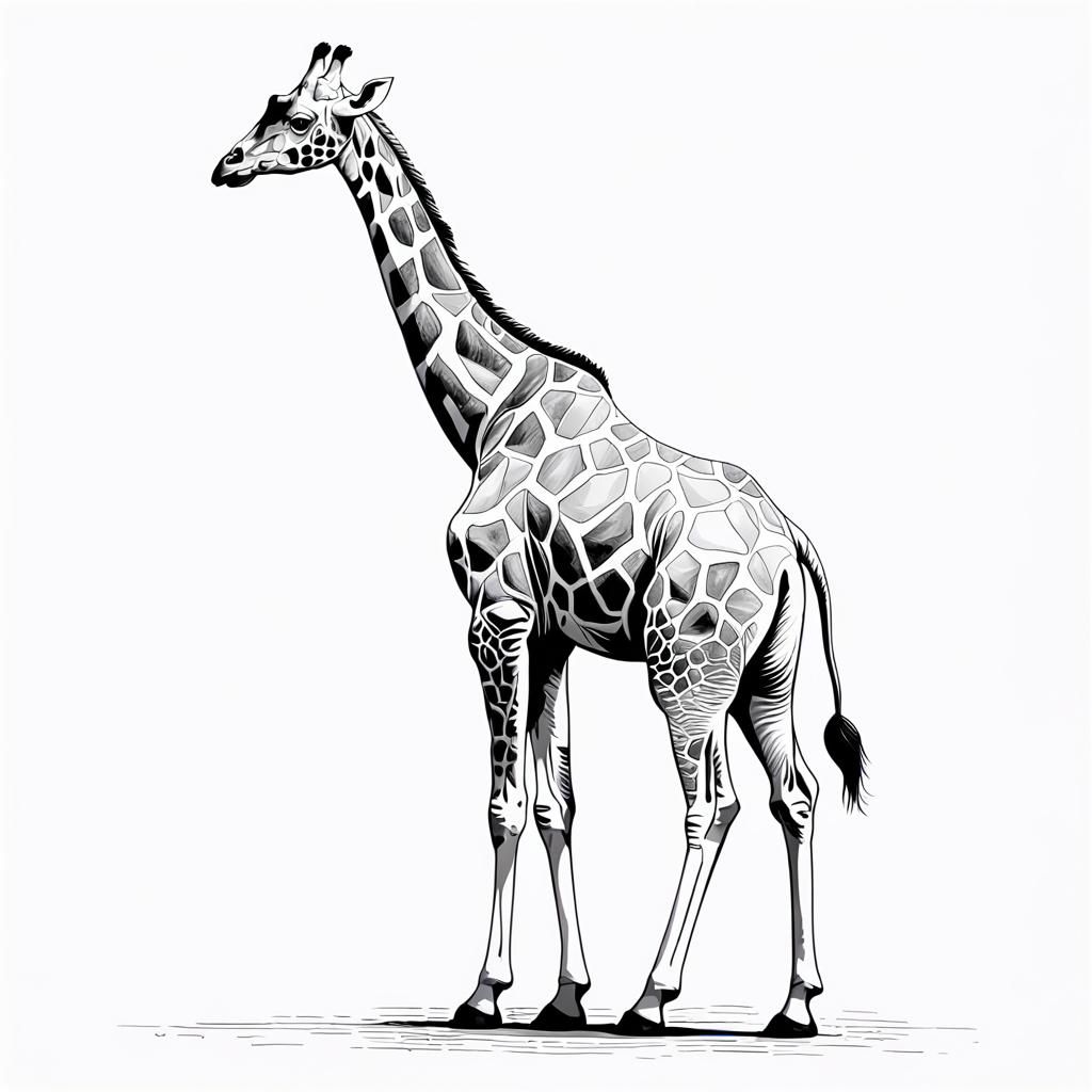 "A whole white giraffe, realistic, line drawing, with clear ...