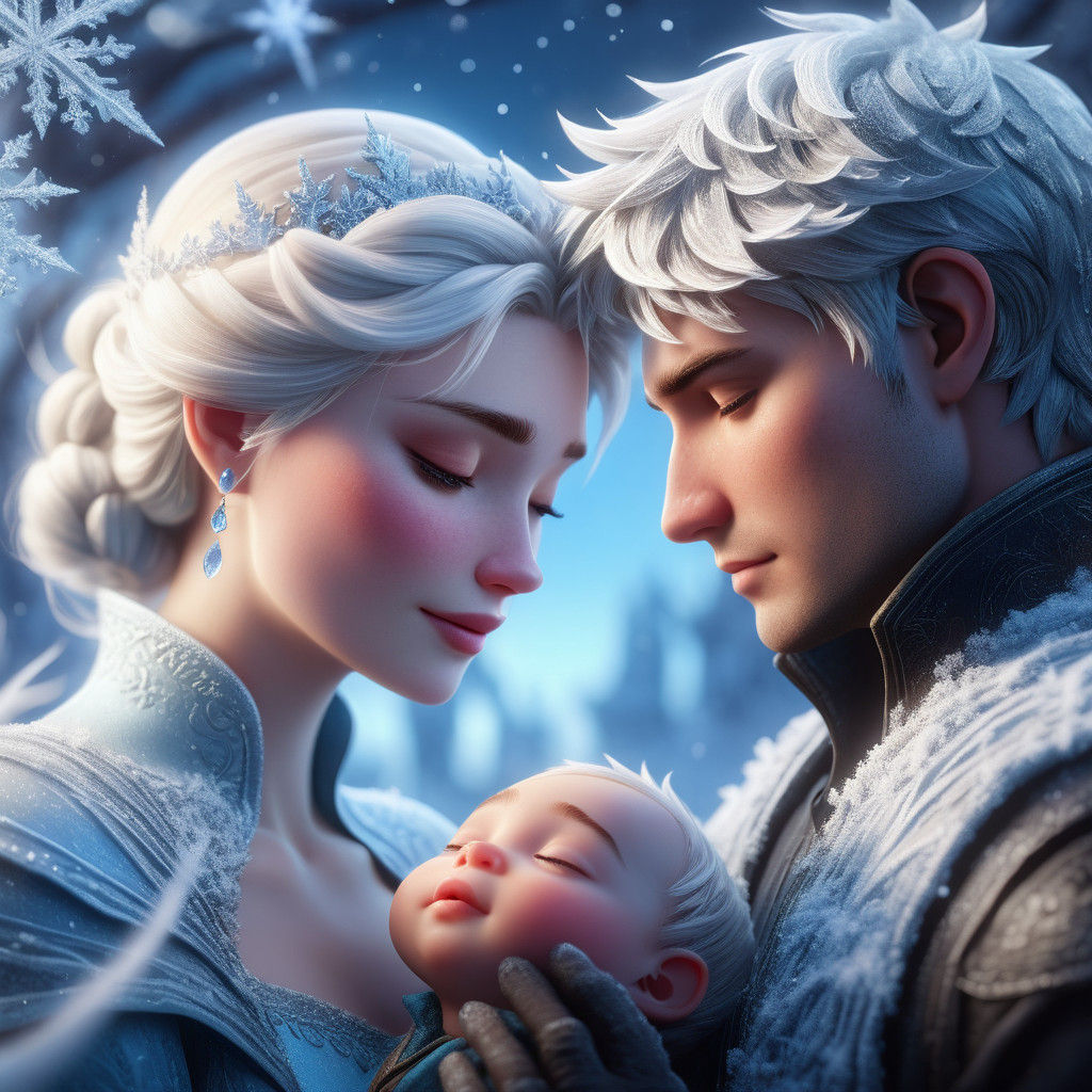 Whimsical Winter Fantasy: Elsa, Jack Frost, and Their Baby