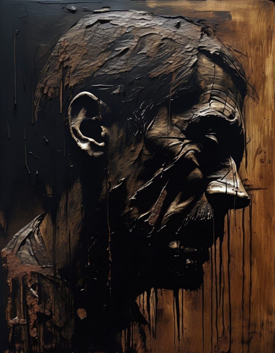 Surreal Masterpiece of Despair in Dark, Ominous Woodgrain