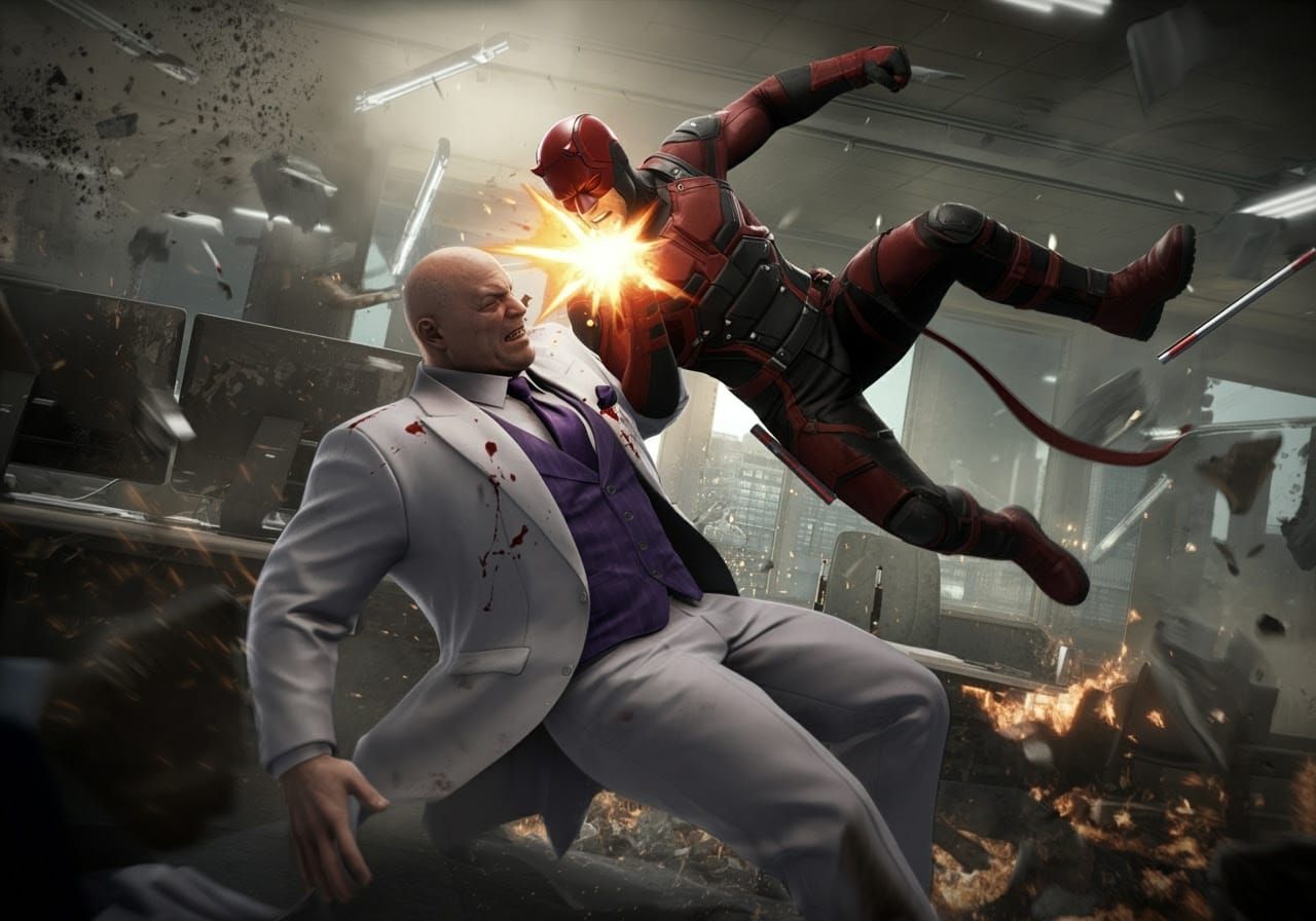 Marvel's Daredevil delivering a devastating punch to Wilson Fisk AKA The Kingpin inside his penthouse office.