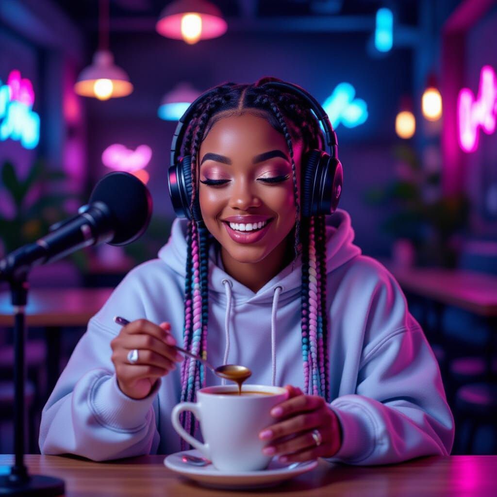 ASMR Influencer Stirring Coffee in Neon Cafe