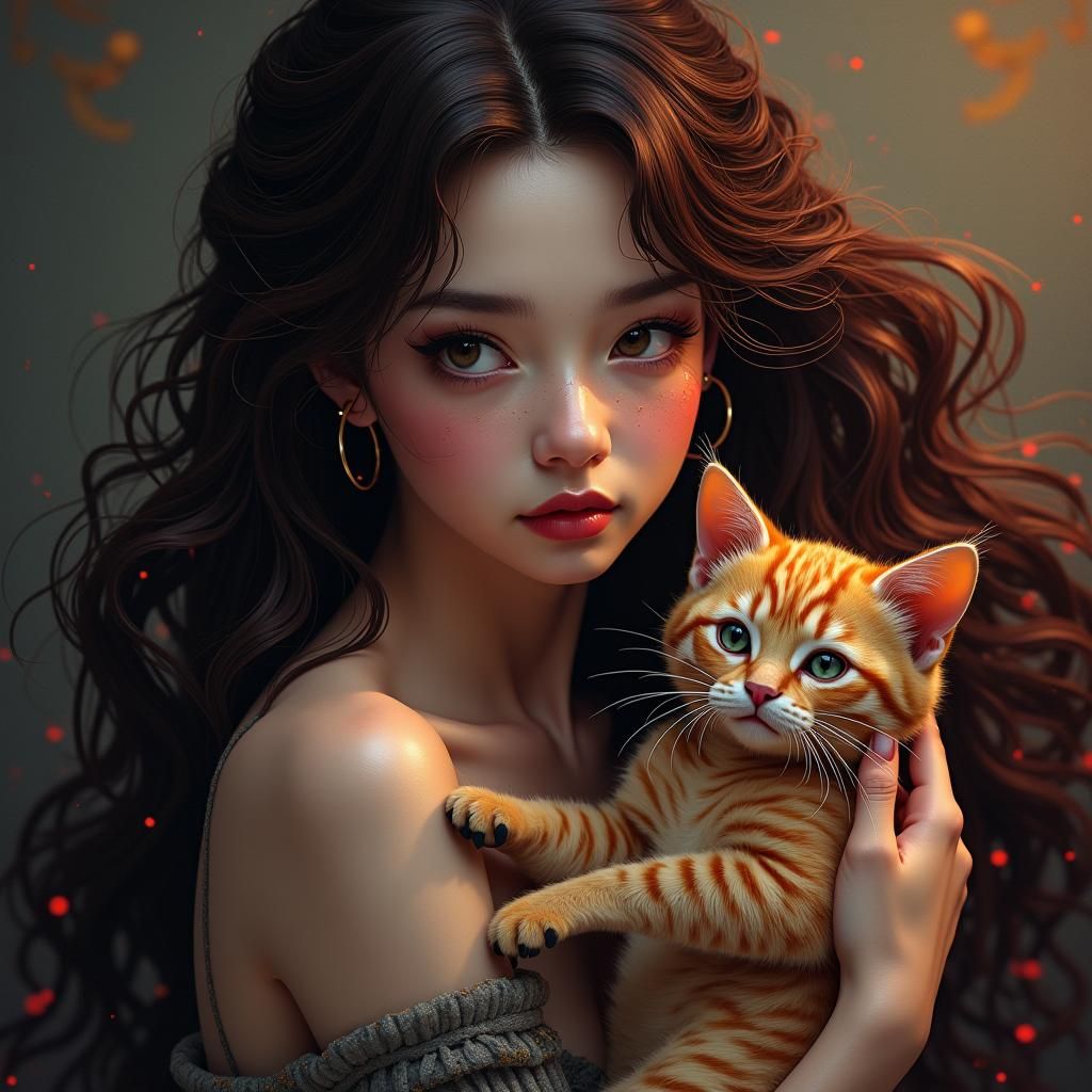 Matching Hair and Cat Fur Portrait in Art Nouveau Style