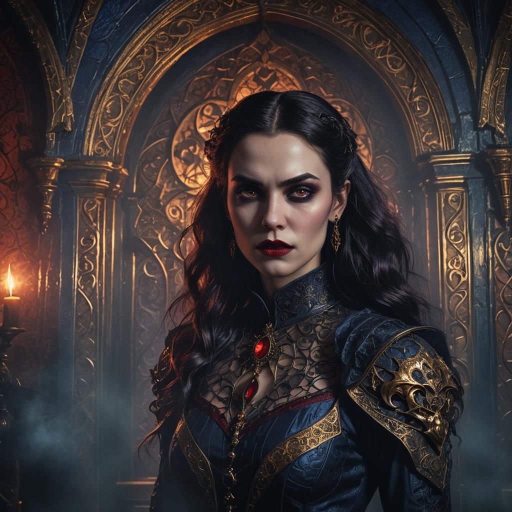 Gothic Vampire Portrait in a Dimly Lit Chamber