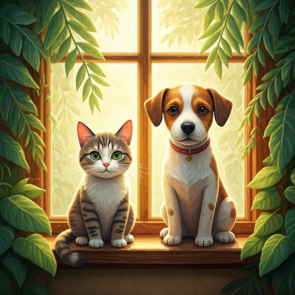 Cute Cat and Dog in Window as Watercolor Painting