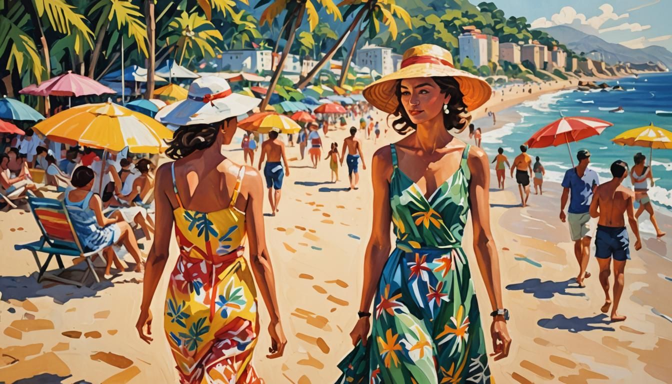 Woman on Rio Beach as Gouache Impasto Painting