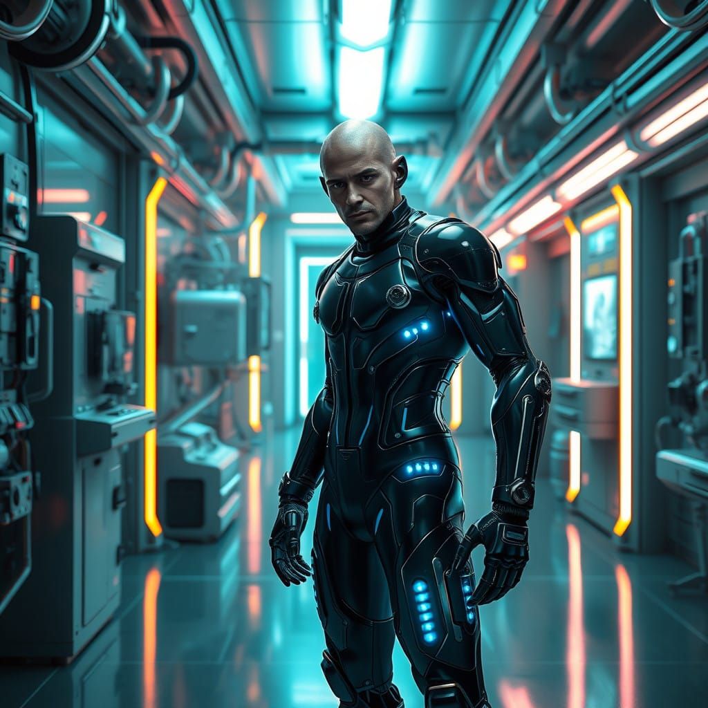 Cyborg Warrior in Futuristic Laboratory