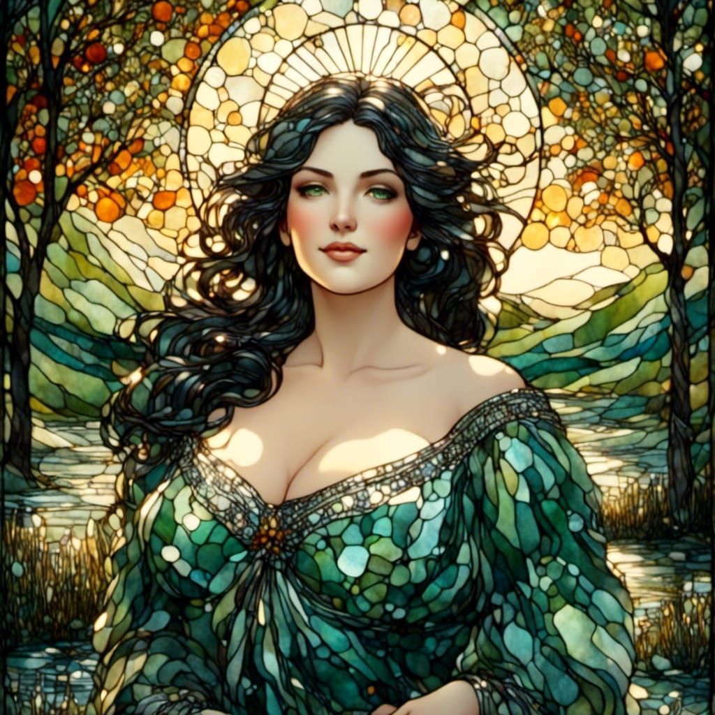 Stained Glass Woman in Snowy Field