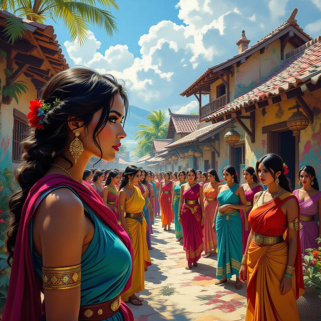 Matriarchal Village Alive with Women in Hyperrealistic Style