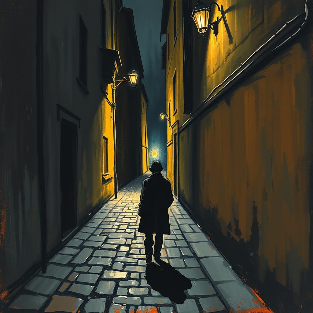 Narrow Alleyway at Night, Neo-Expressionist Oil Painting