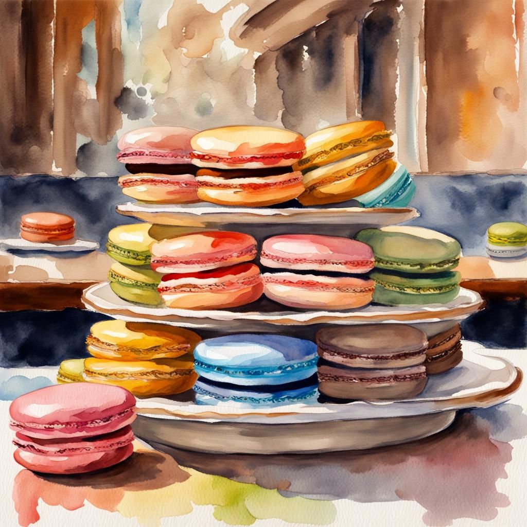 Macarons in French Cafe: Watercolor Gouache Painting