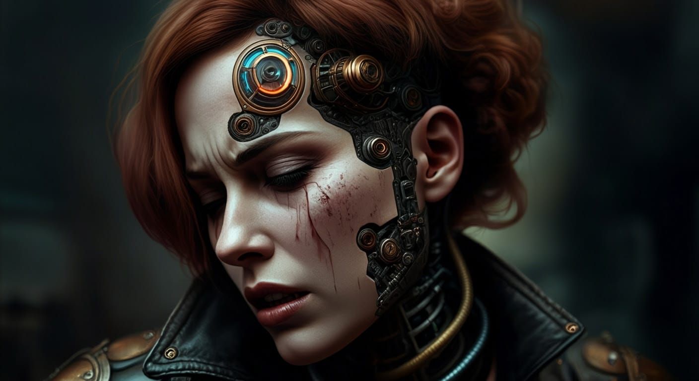 Dieselpunk Cyborg in Weathered Leather Outfit