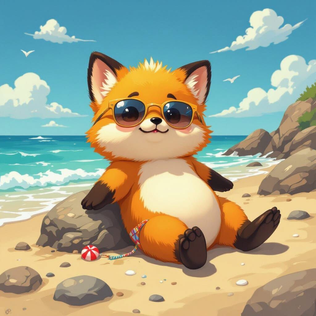 Baby Kitseal Sunbathing in Playful Realism Style