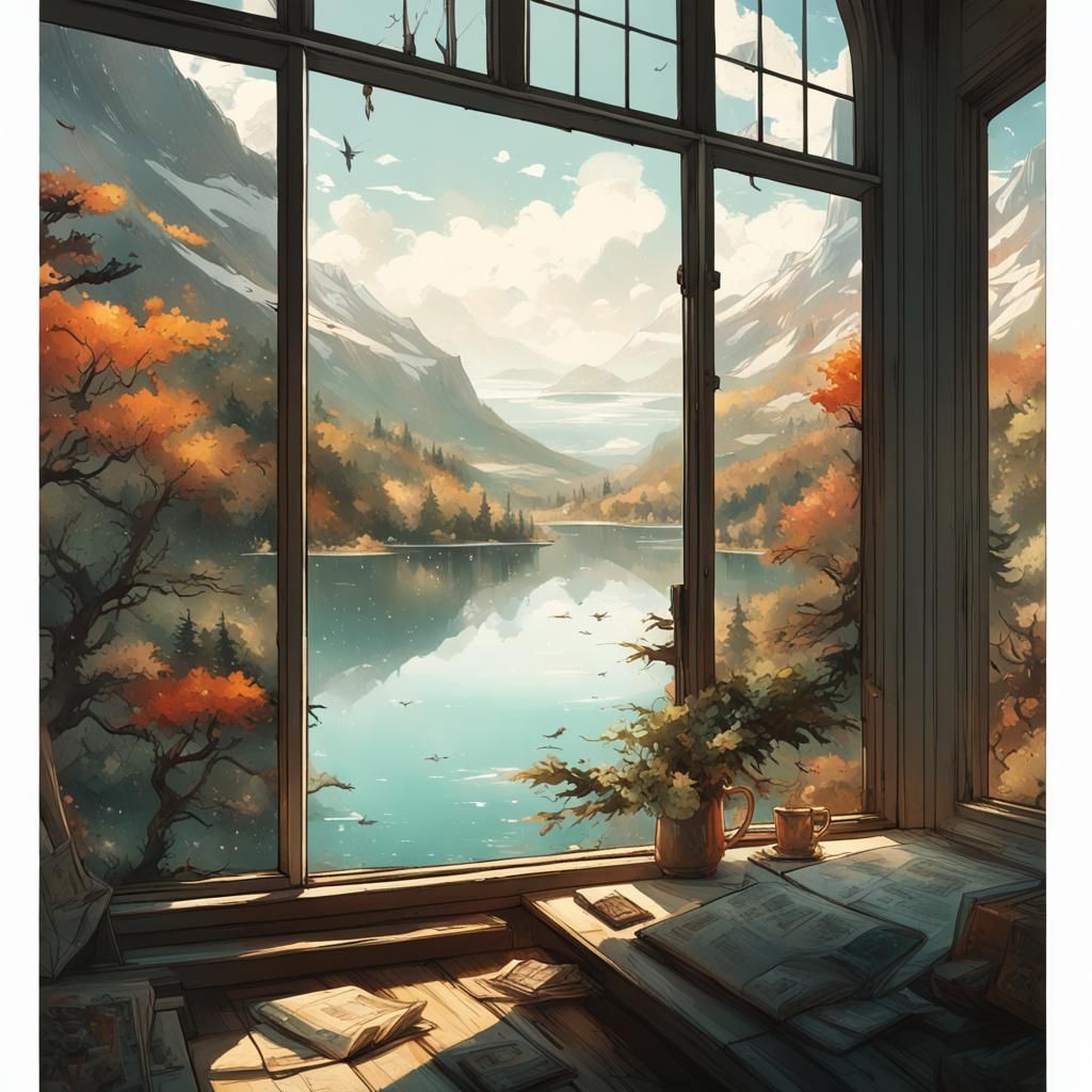 Lake View Through Open Window, Hyperdetailed 8K