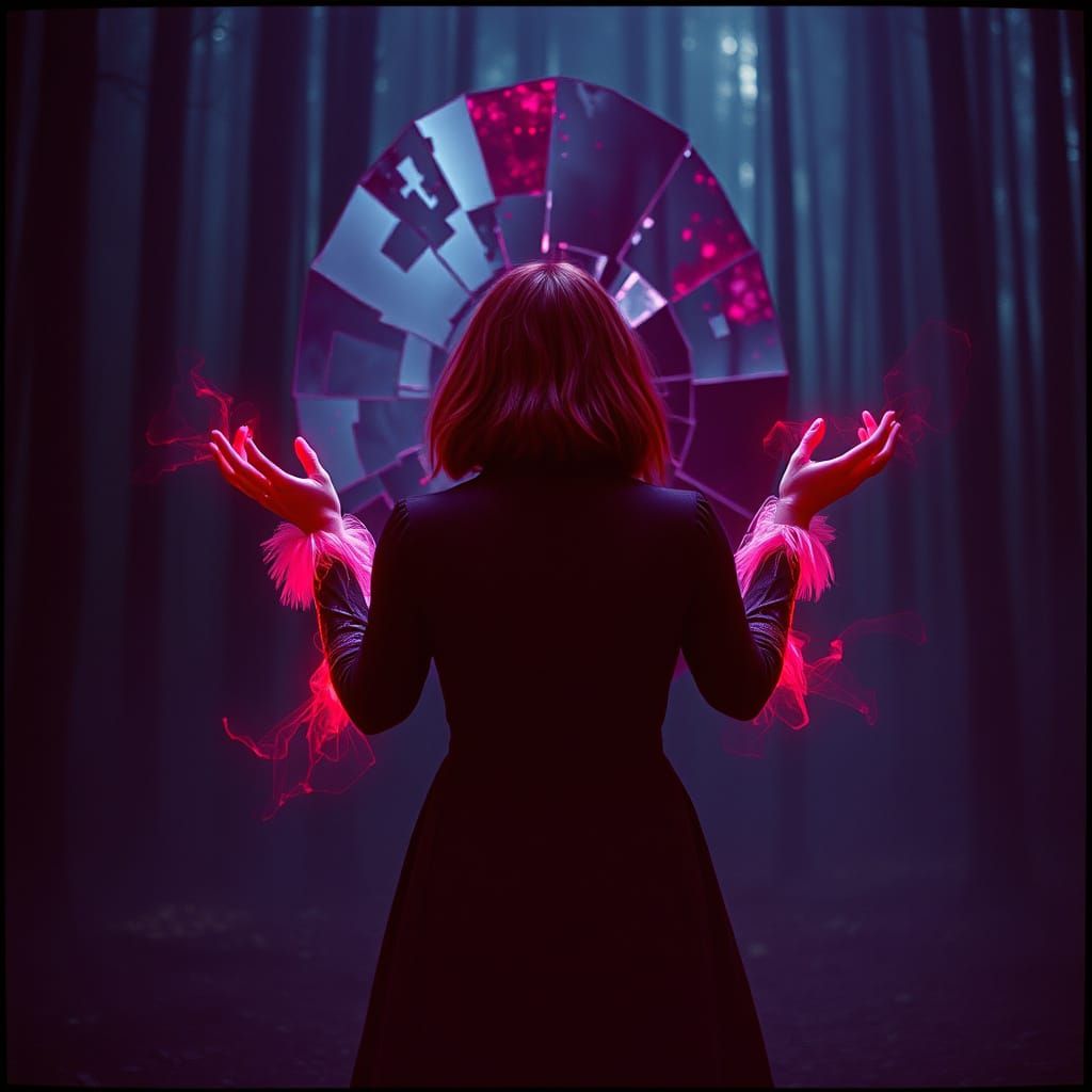 Wanda Maximoff-inspired figure standing before a shattered m...