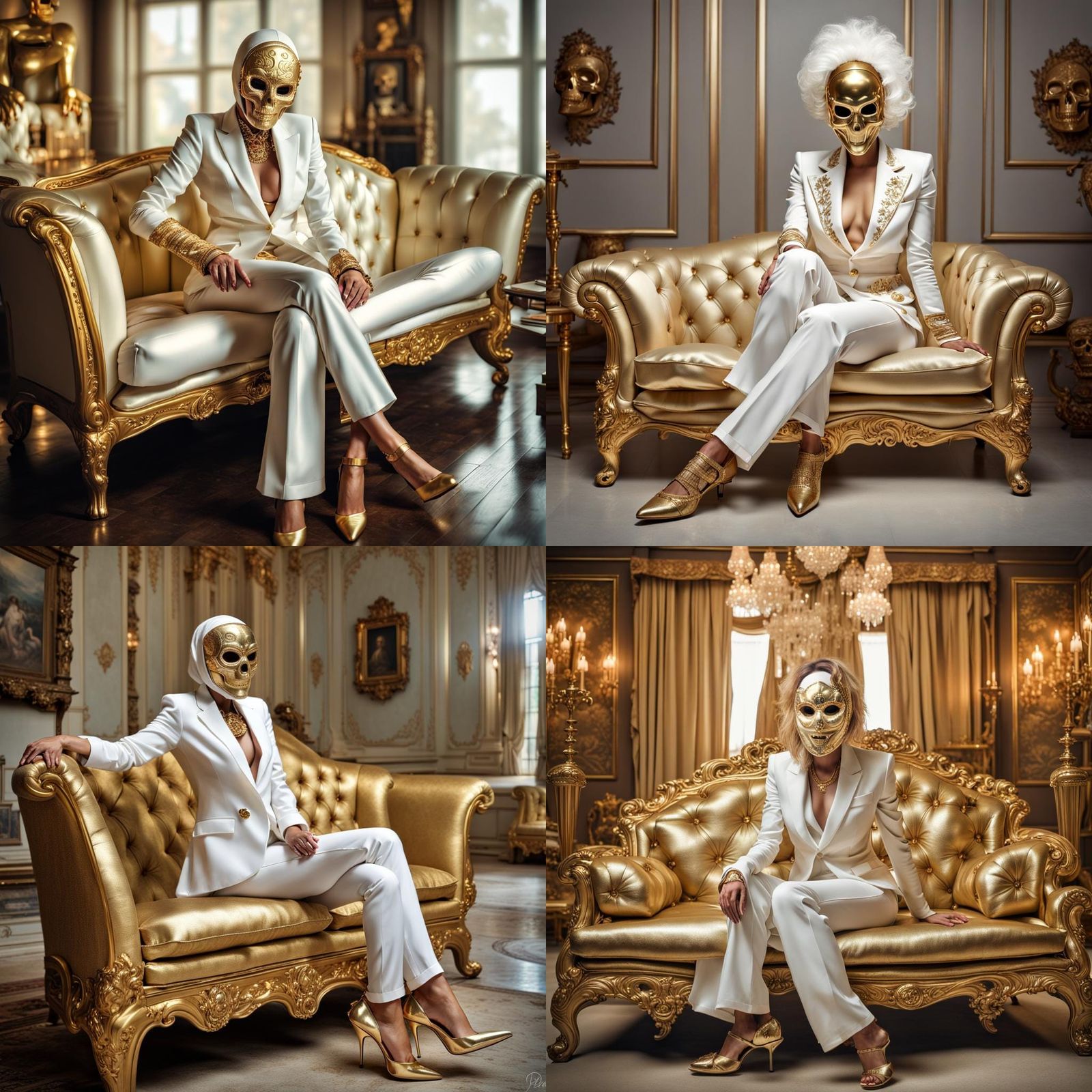 Woman in Golden Mask on Golden Sofa
