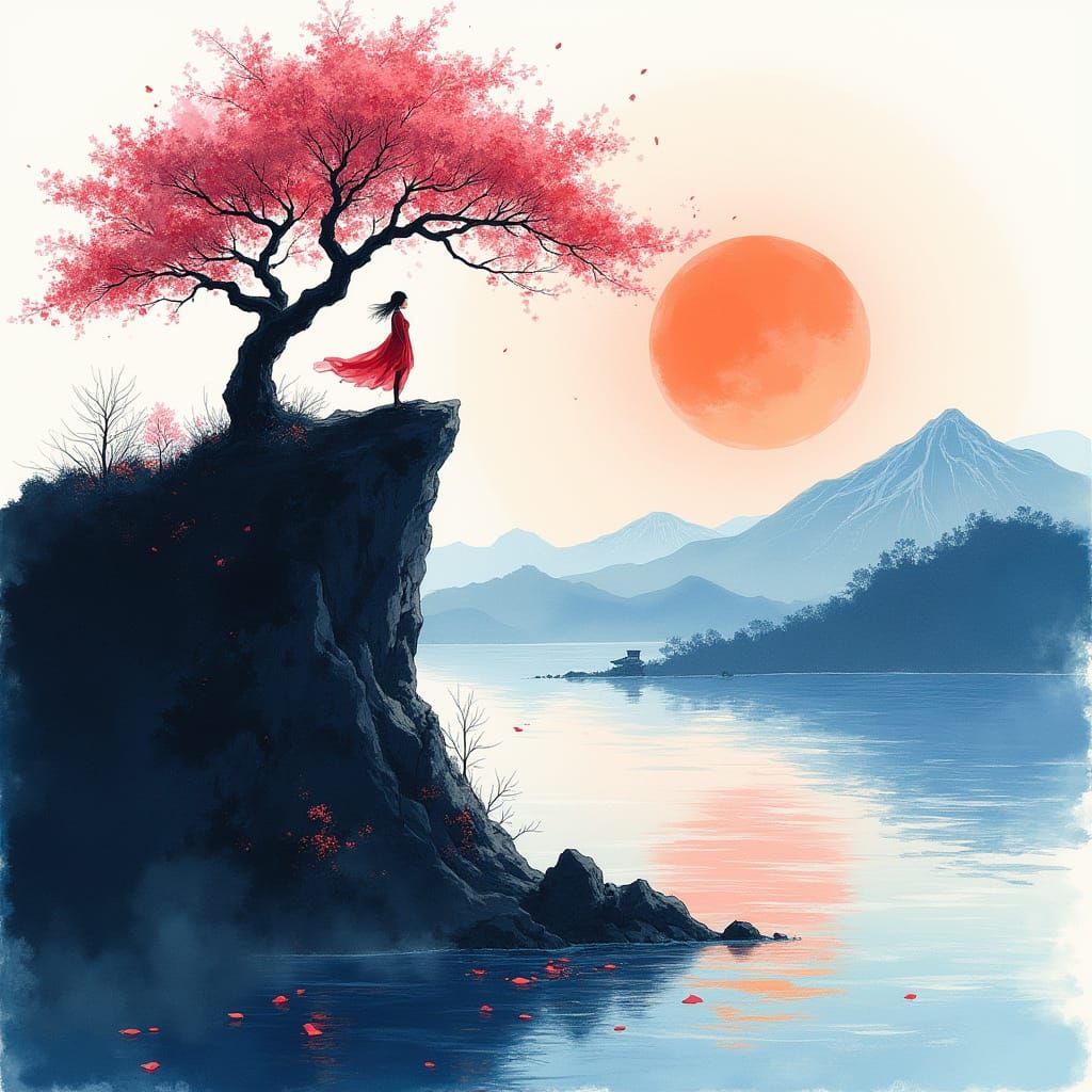 Dark Island Sunset with Sakura Tree and Wanderer