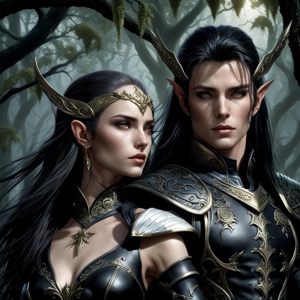 Elven Warriors Embrace in Moonlit Forest