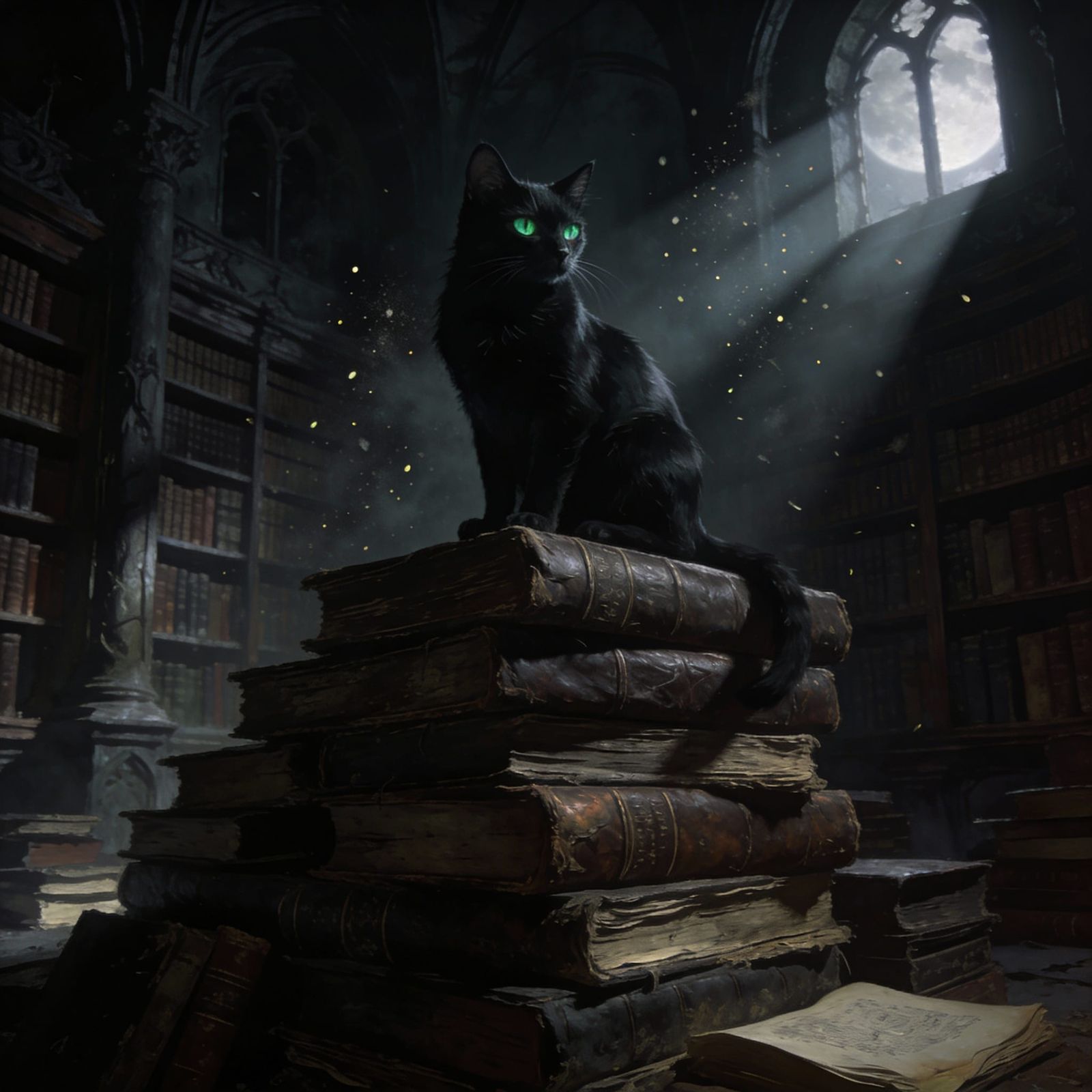 Mysterious Black Cat in Gothic Library