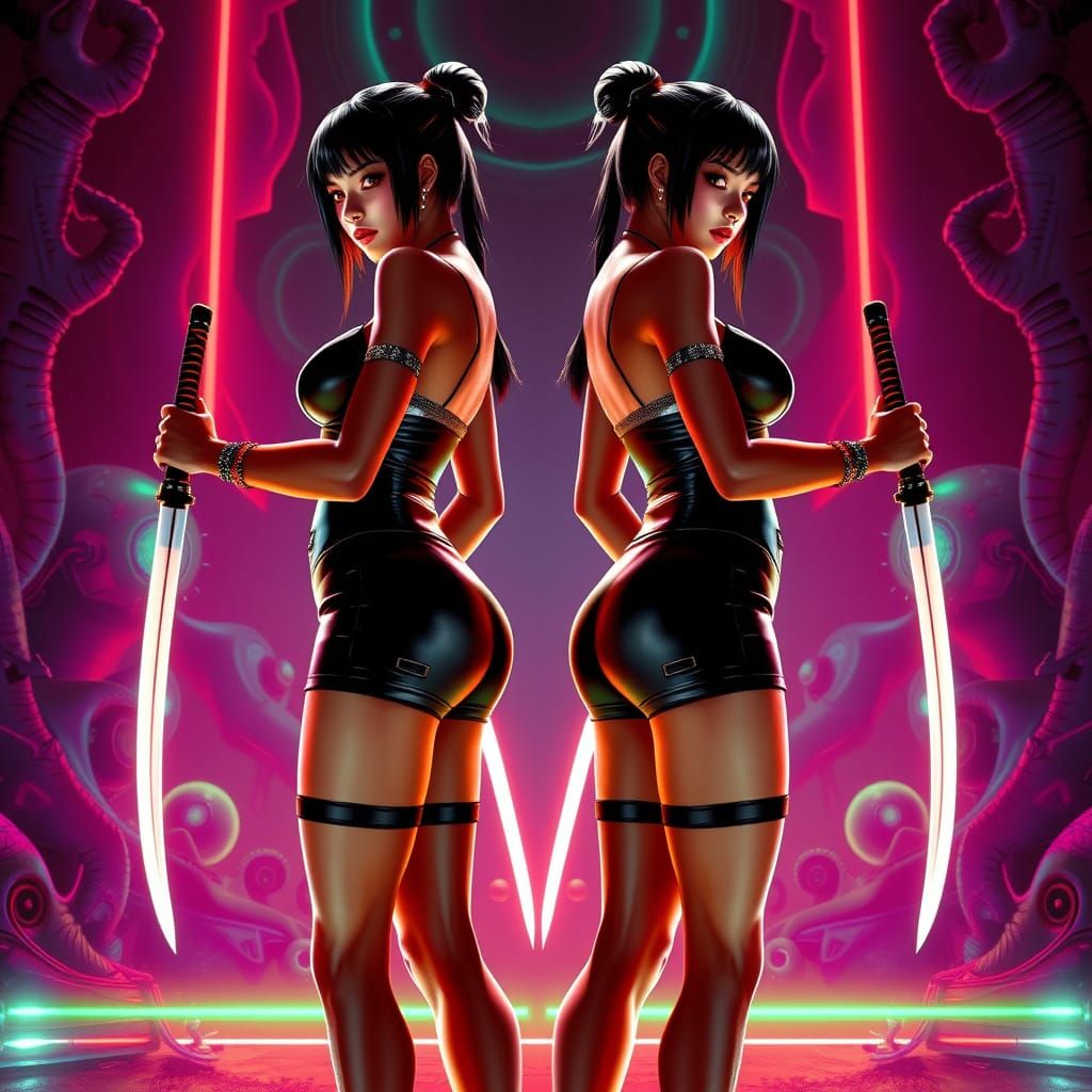 Cyberpunk Twins Prepare for Battle in Neon Landscape