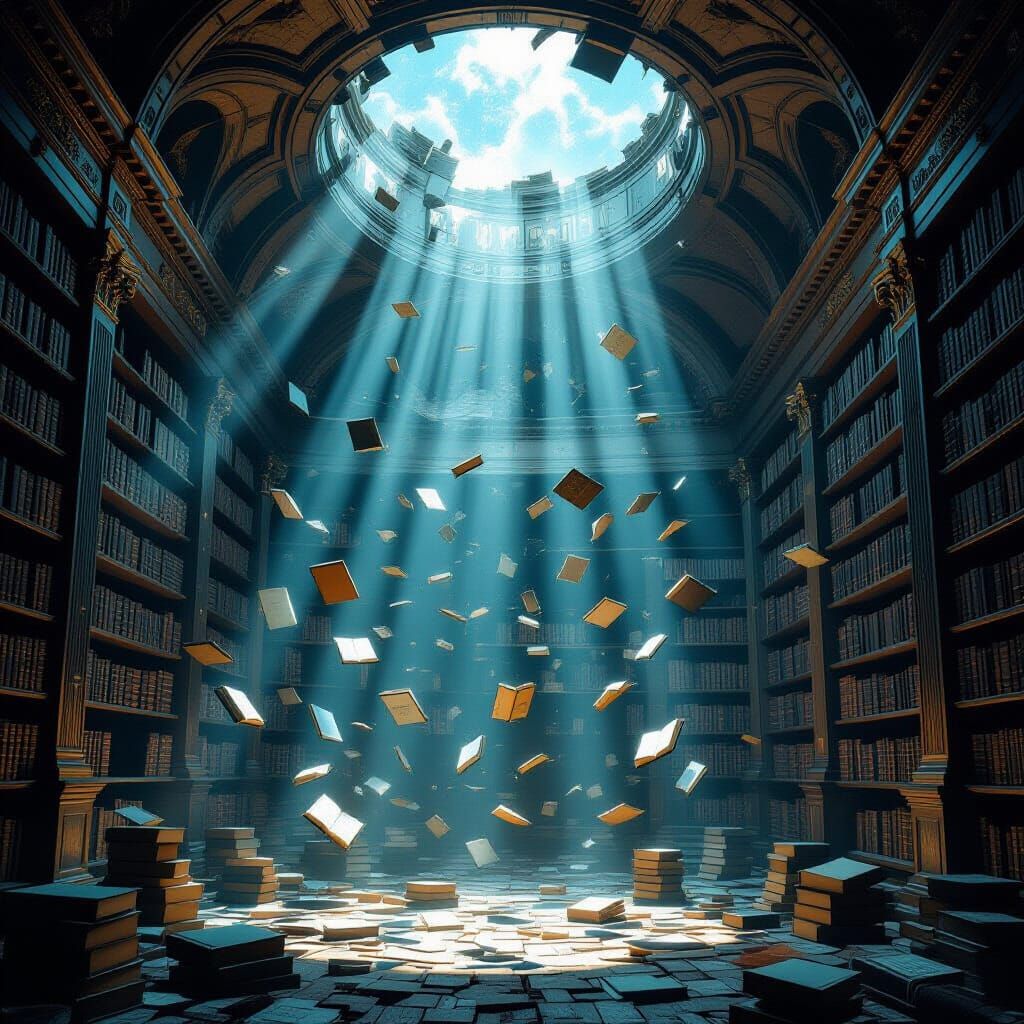 Mystical Library with Floating Books and Ethereal Light