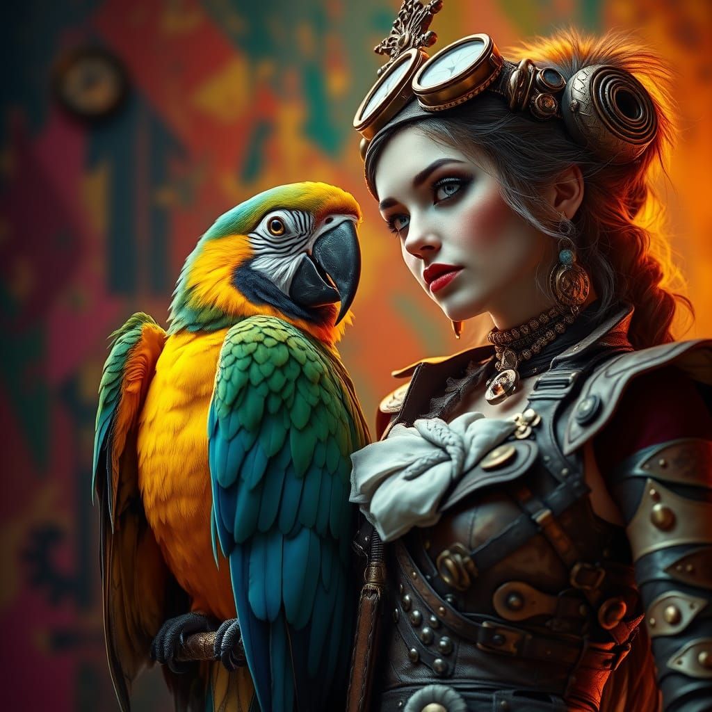 Steampunk Princess with Macaw in Conceptual Art Style